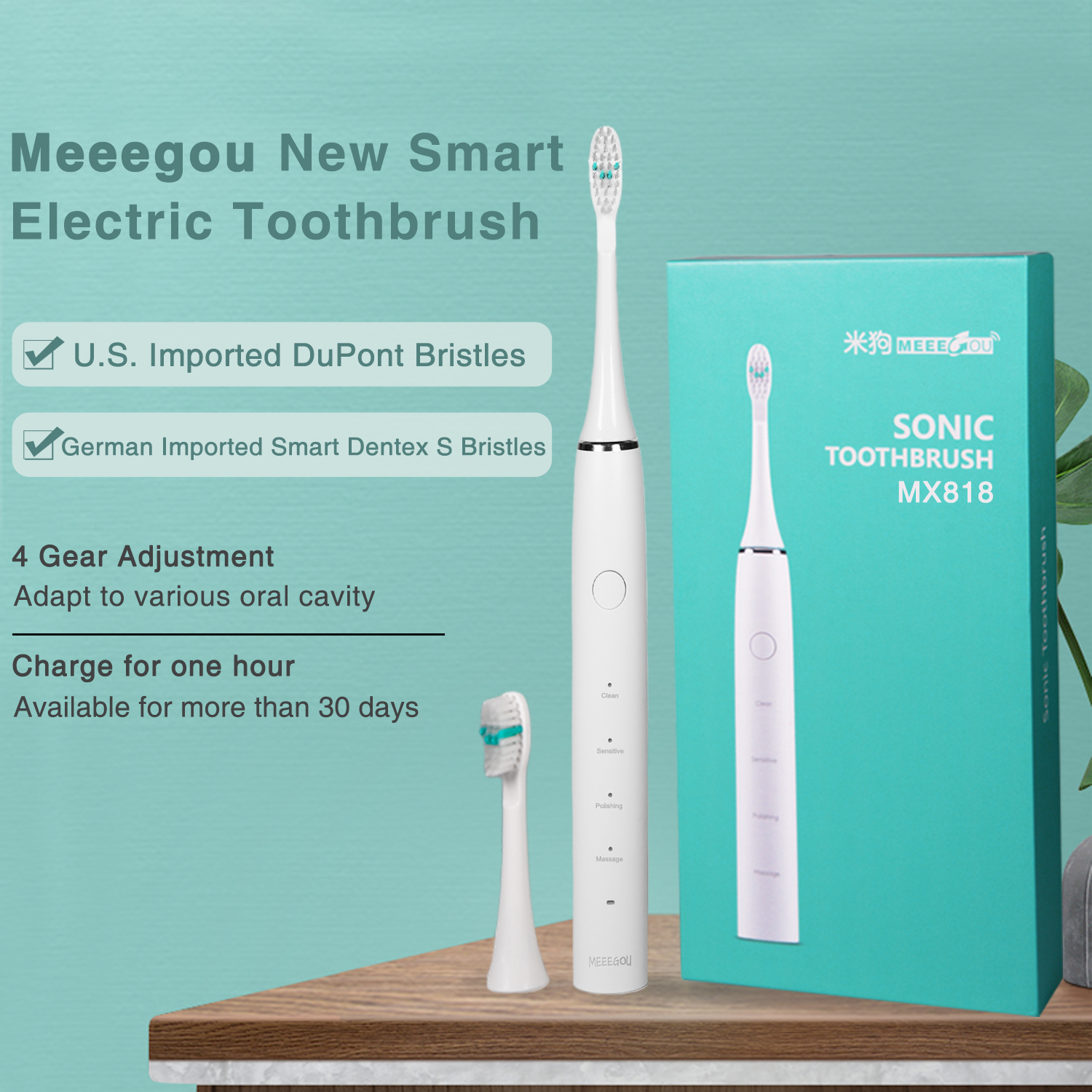 Meeegou Перезаряжаемая электрическая зубная щетка со щетиной DUPONT США